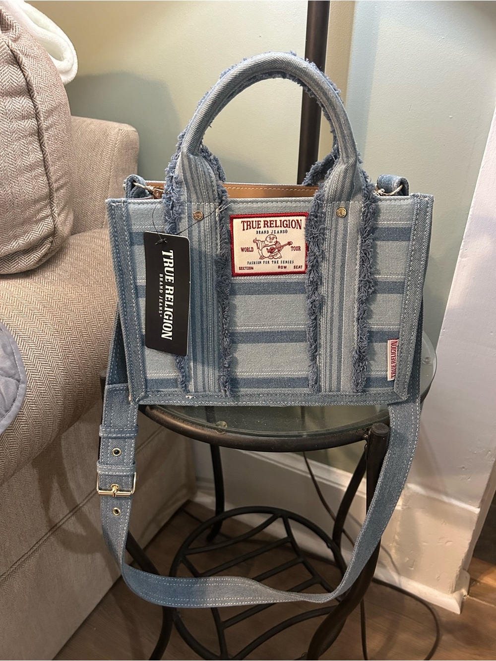 True Religion Striped Light Blue Denim Tote with Frayed Trim